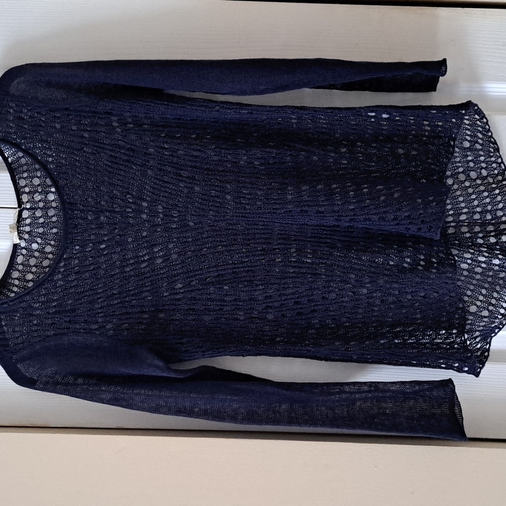 Eileen Fisher 2pc Organic Linen Navy Crocheted Sweater  & Silk Sleeveless S  NEW - Picture 2 of 10